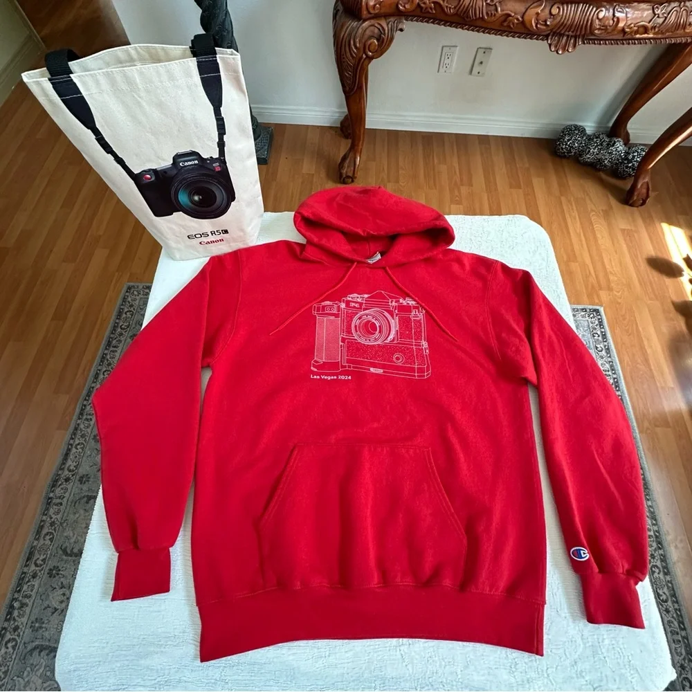 Red Champion graphic hoodie with camera design and Canon Camera print tote. - Picture 1 of 10